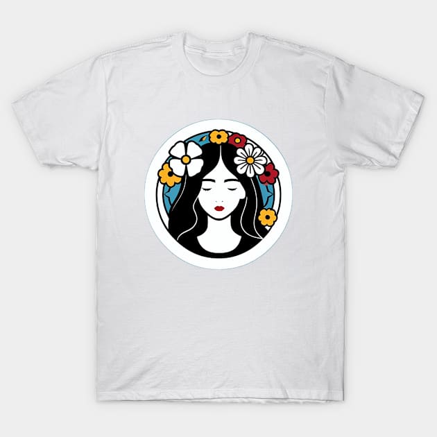 Simple Lineart of a Young Woman Surrounded by Flowers T-Shirt by CursedContent